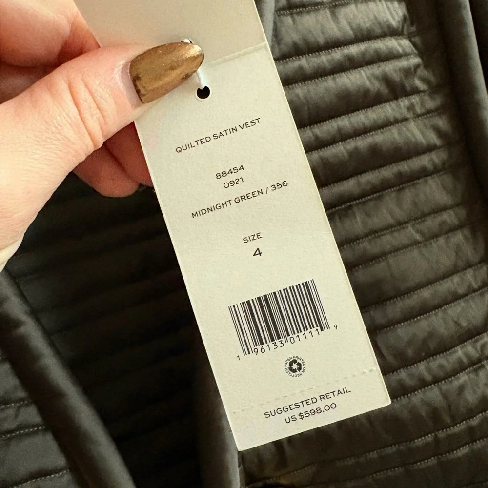 TORY BURCH Quilted Satin Midnight Green Golden Tie Closure Vest NWT Size 4